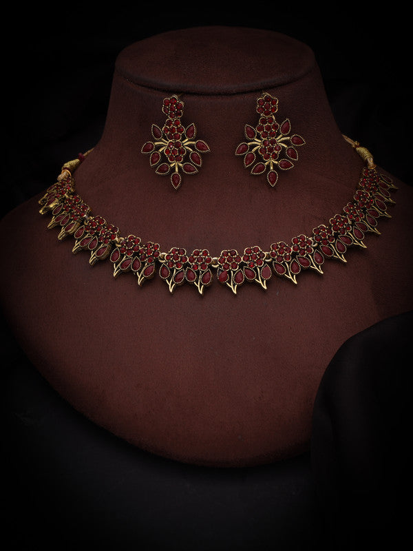 Tehzeeb Creations Maroon Colour Gold Pleated Stone Studded Necklace With Earrings Tehzeeb Creations