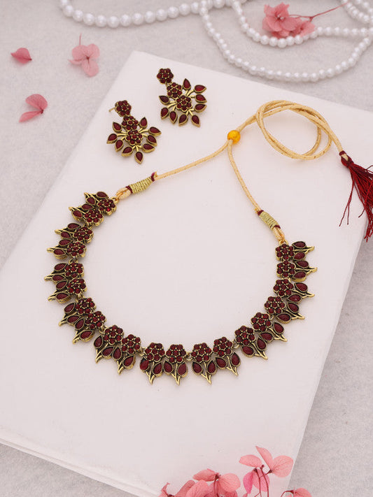 Tehzeeb Creations Maroon Colour Gold Pleated Stone Studded Necklace With Earrings Tehzeeb Creations