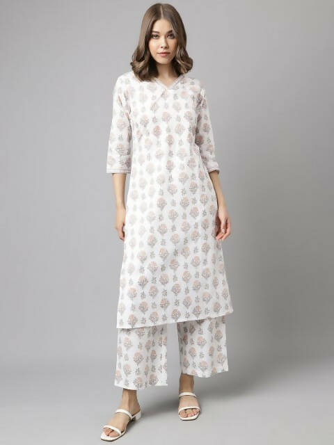 FIORRA Women's White Cotton A-Line Kurta Palazzo Set 