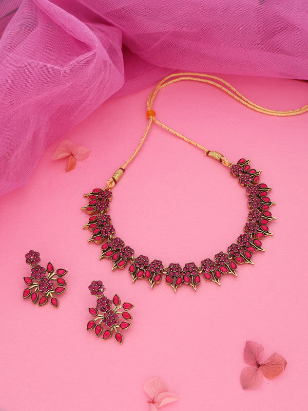 Tehzeeb Creations Pink Colour Gold Pleated Stone Studded Necklace With Earrings Tehzeeb Creations