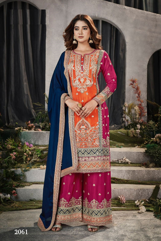 Anaita Orange And Pink Embroidered Viscose Chinon Salwar Suit