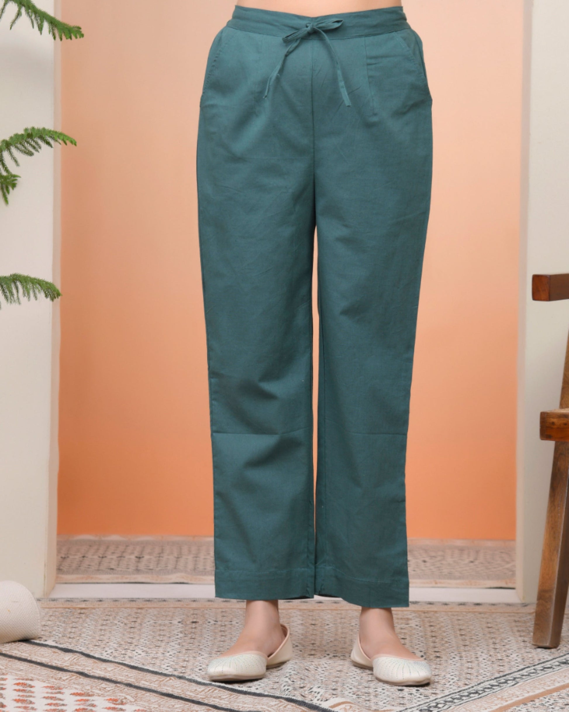 Vaasva Women Ferozi Cotton Flax Solid Straight Pants 