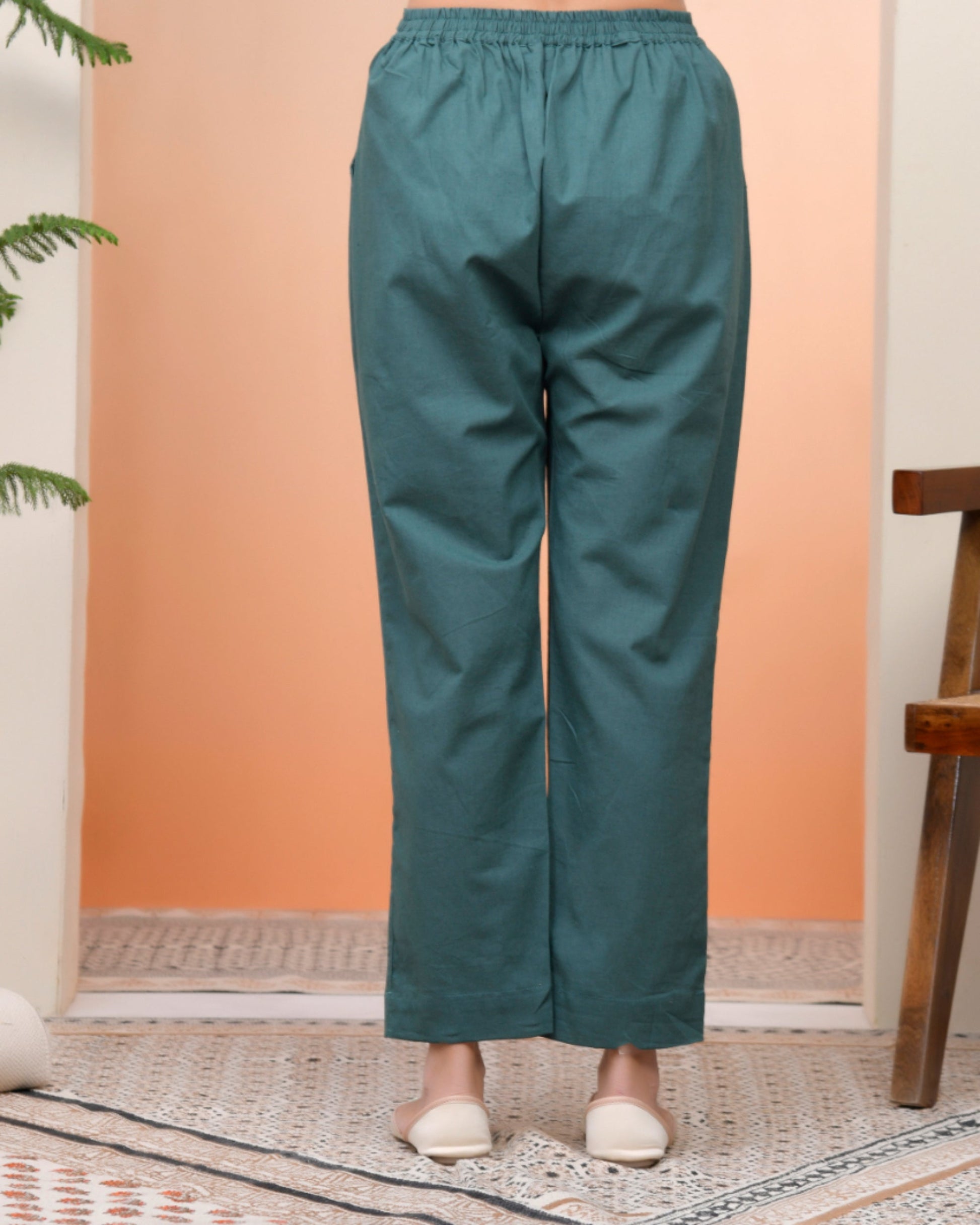 Vaasva Women Ferozi Cotton Flax Solid Straight Pants 