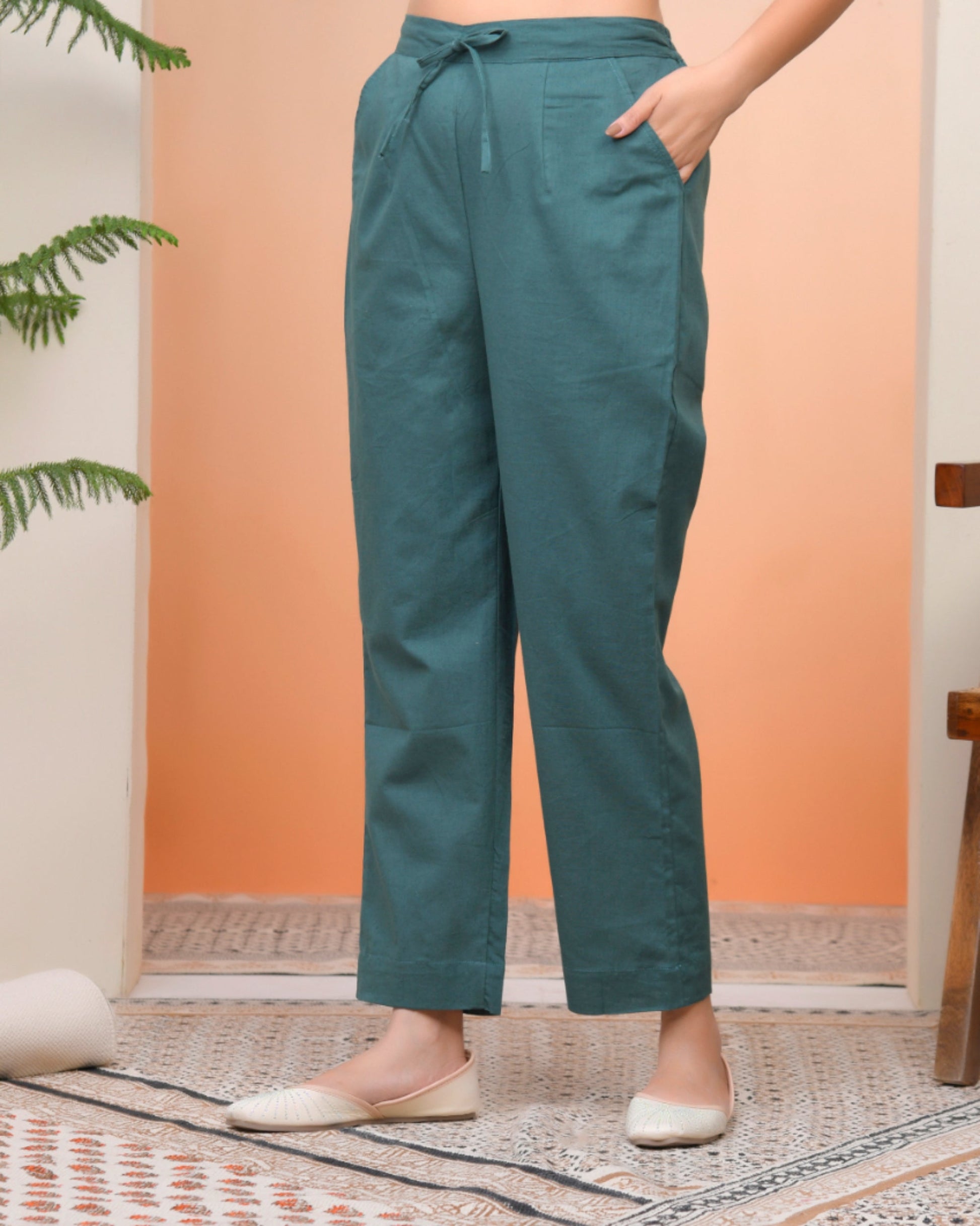 Vaasva Women Ferozi Cotton Flax Solid Straight Pants 