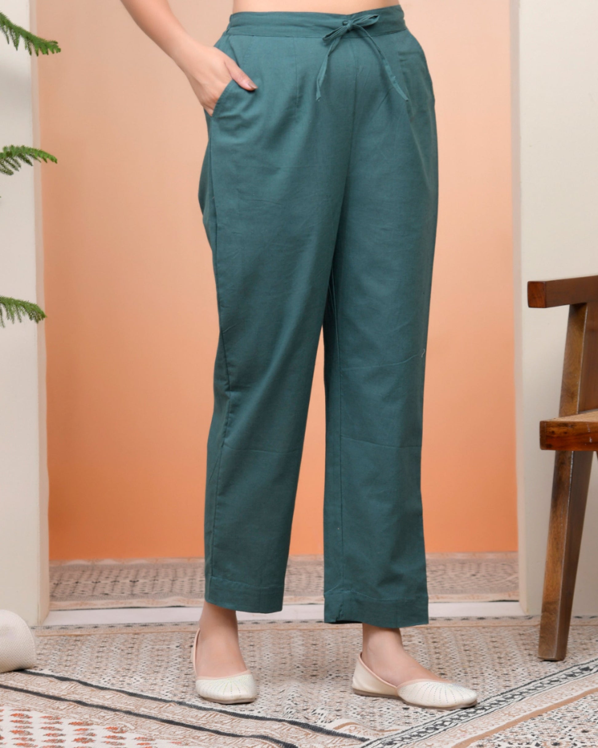 Vaasva Women Ferozi Cotton Flax Solid Straight Pants 