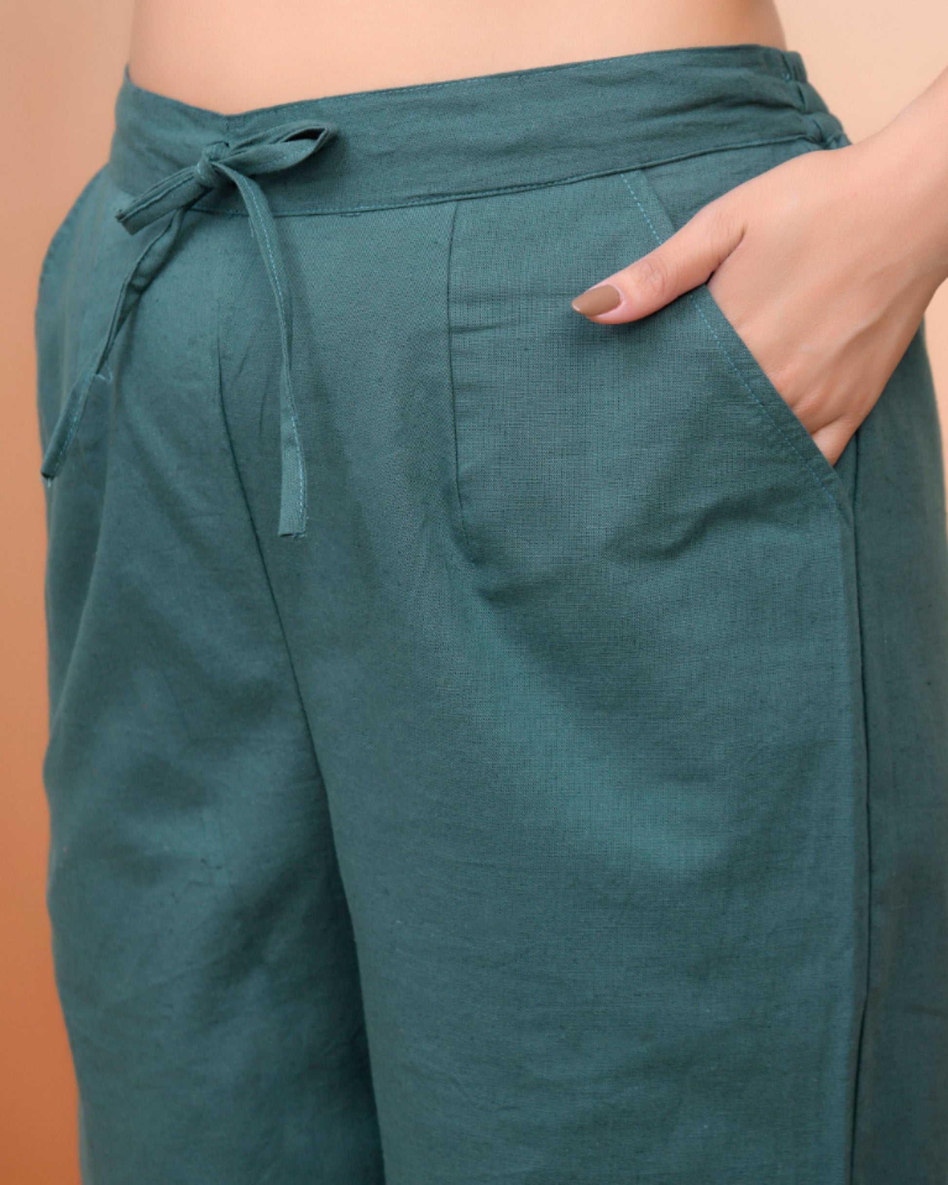 Vaasva Women Ferozi Cotton Flax Solid Straight Pants 
