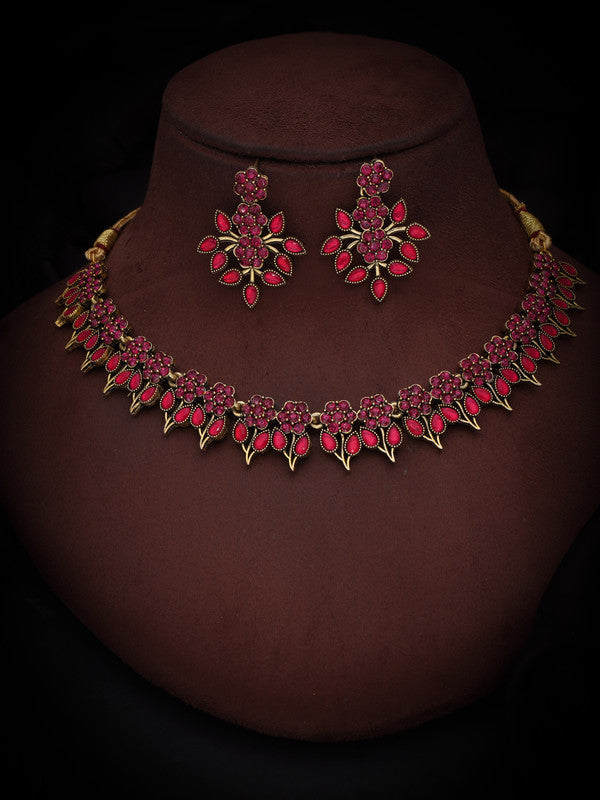 Tehzeeb Creations Pink Colour Gold Pleated Stone Studded Necklace With Earrings Tehzeeb Creations