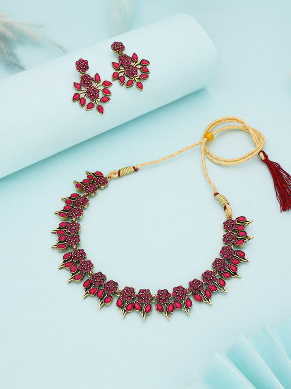 Tehzeeb Creations Pink Colour Gold Pleated Stone Studded Necklace With Earrings Tehzeeb Creations