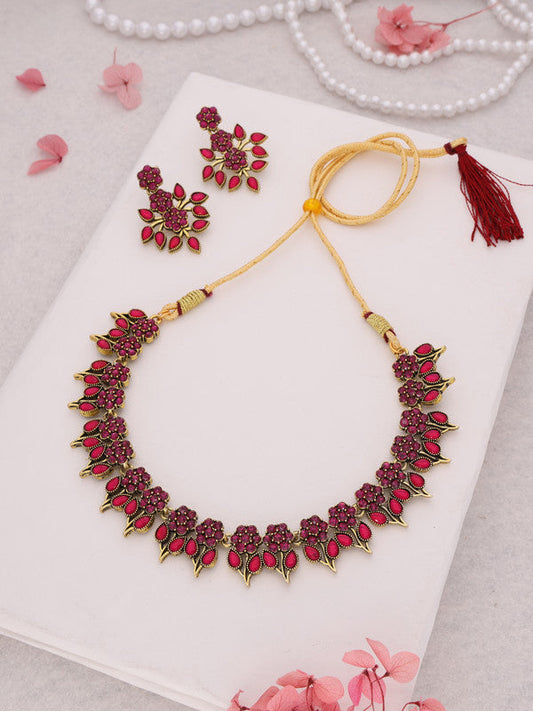 Tehzeeb Creations Pink Colour Gold Pleated Stone Studded Necklace With Earrings Tehzeeb Creations