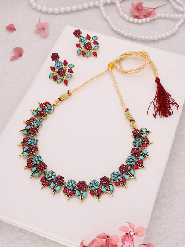 Tehzeeb Creations Pink & Sky Blue Colour Gold Pleated Stone Studded Necklace With Earrings Tehzeeb Creations