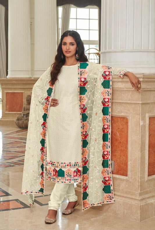 Anaita Cream Faux Georgette Plazzo Suit With Embroidery & Sequins Work