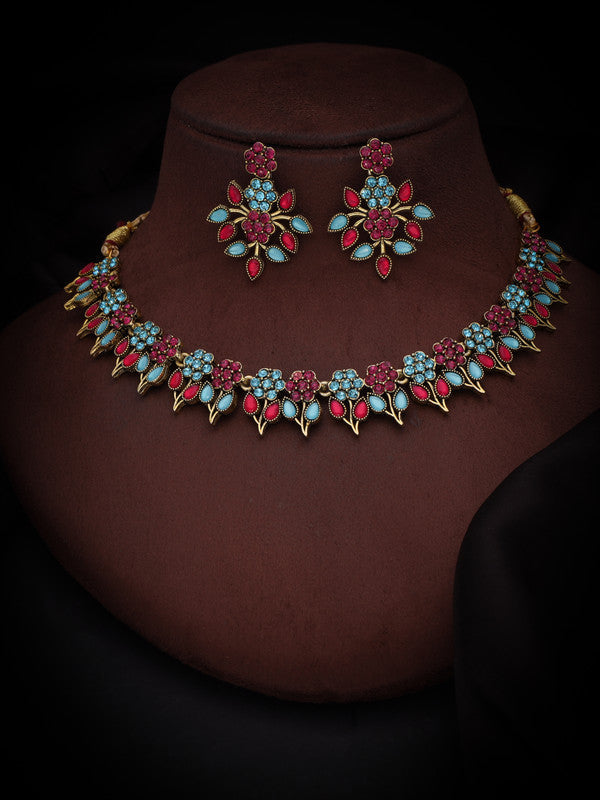 Tehzeeb Creations Pink & Sky Blue Colour Gold Pleated Stone Studded Necklace With Earrings Tehzeeb Creations