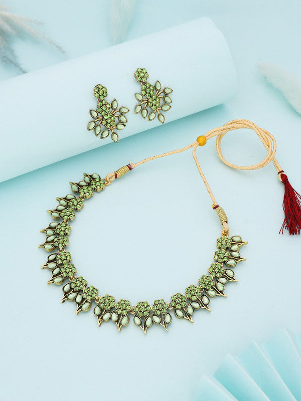Tehzeeb Creations Sea Green Colour Gold Pleated Stone Studded Necklace With Earrings Tehzeeb Creations