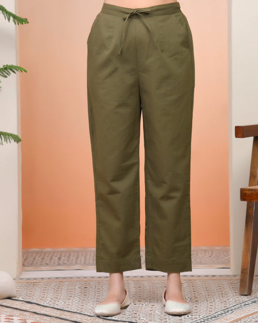 Vaasva Women Olive Green Cotton Flax Solid Straight Pants 