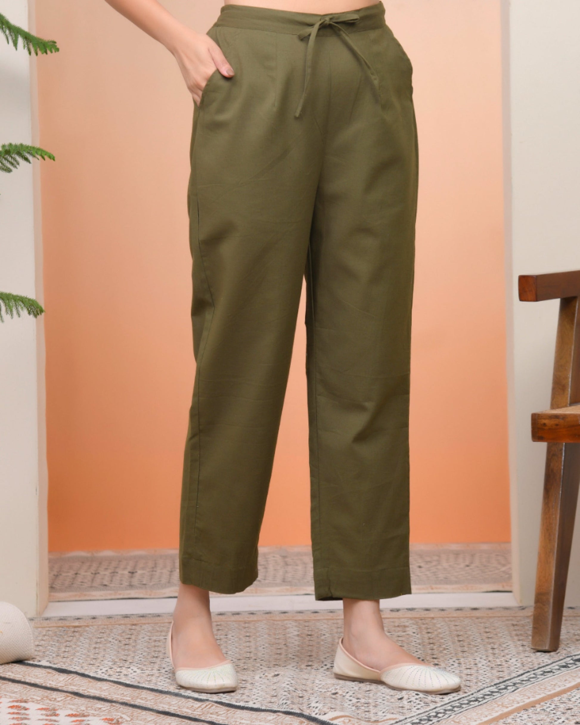 Vaasva Women Olive Green Cotton Flax Solid Straight Pants 