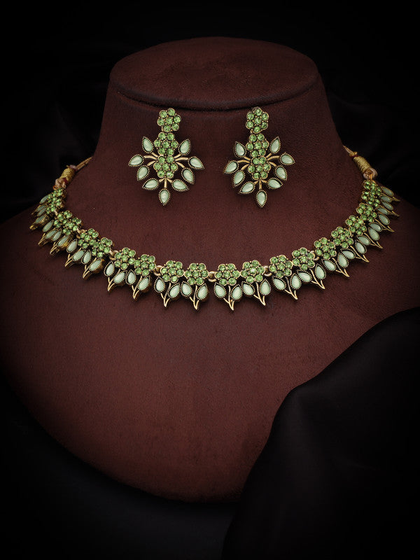 Tehzeeb Creations Sea Green Colour Gold Pleated Stone Studded Necklace With Earrings Tehzeeb Creations