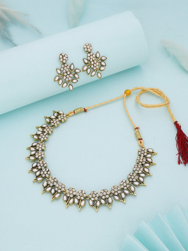 Tehzeeb Creations White Colour Gold Pleated Stone Studded Necklace With Earrings Tehzeeb Creations