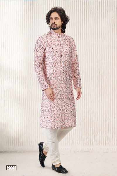 Raivat Ethnic Jacquard Banarasi Silk Digital Print Kurta Pajama In Peach Colour