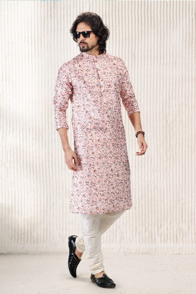 Raivat Ethnic Jacquard Banarasi Silk Digital Print Kurta Pajama In Peach Colour