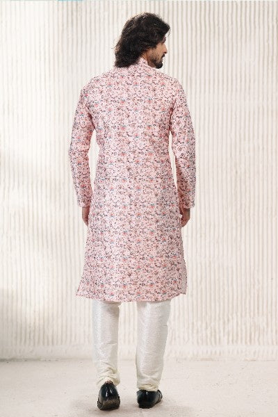 Raivat Ethnic Jacquard Banarasi Silk Digital Print Kurta Pajama In Peach Colour