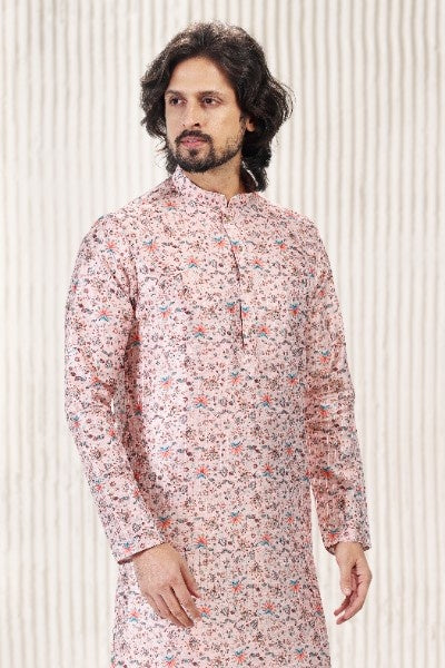 Raivat Ethnic Jacquard Banarasi Silk Digital Print Kurta Pajama In Peach Colour