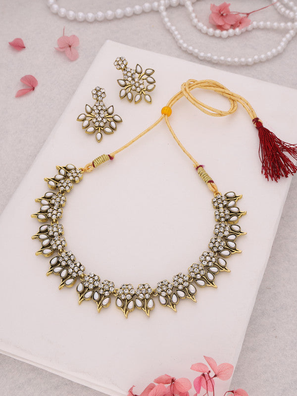 Tehzeeb Creations White Colour Gold Pleated Stone Studded Necklace With Earrings Tehzeeb Creations