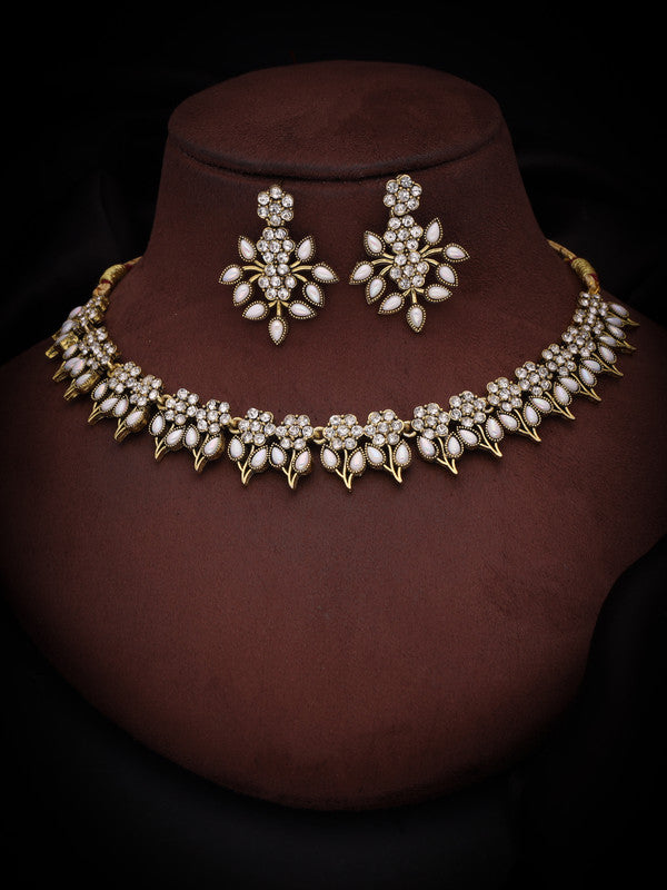 Tehzeeb Creations White Colour Gold Pleated Stone Studded Necklace With Earrings Tehzeeb Creations