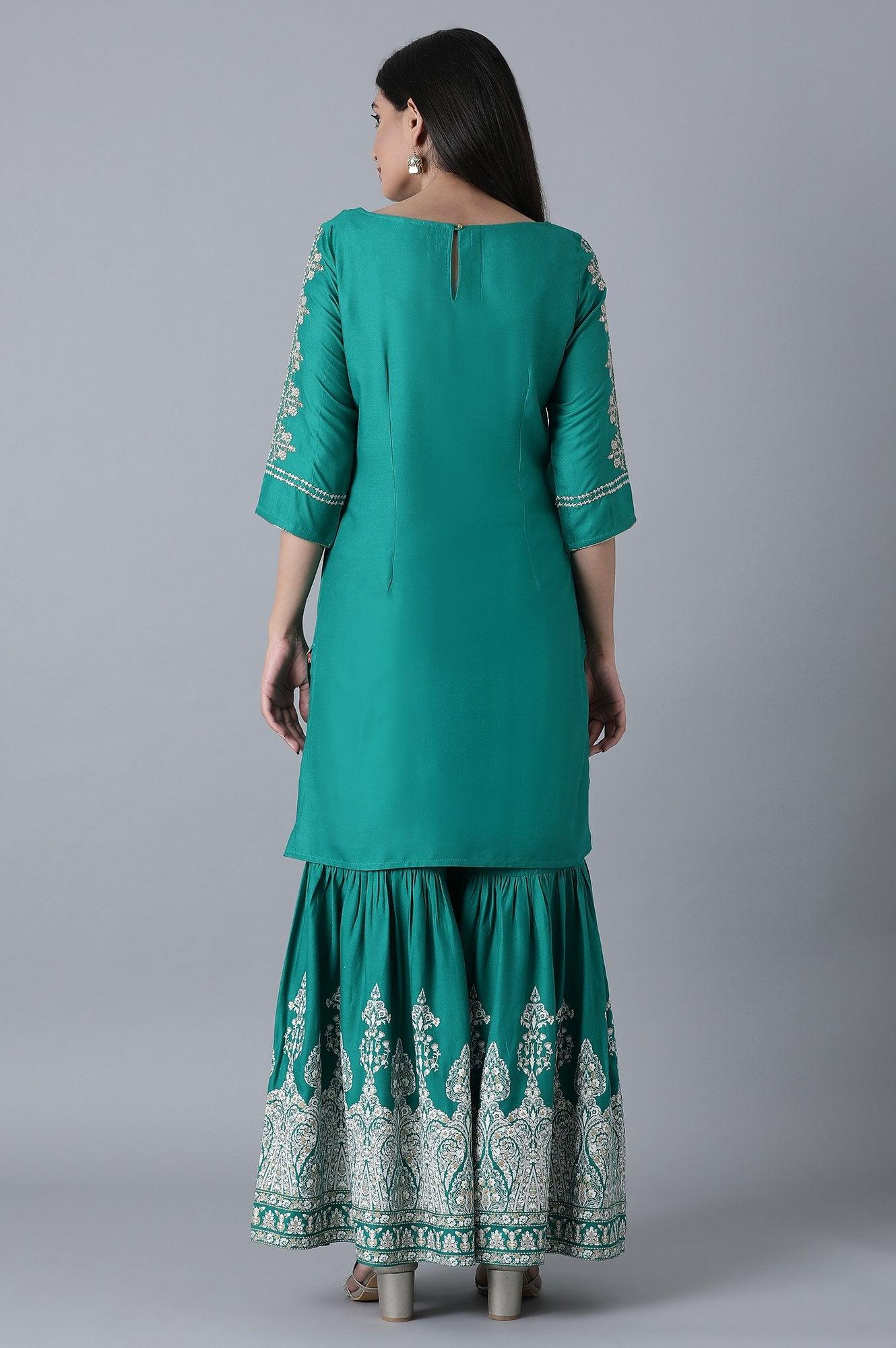 W for Woman Signature Green Embroidered kurta-Printed Sharara Set