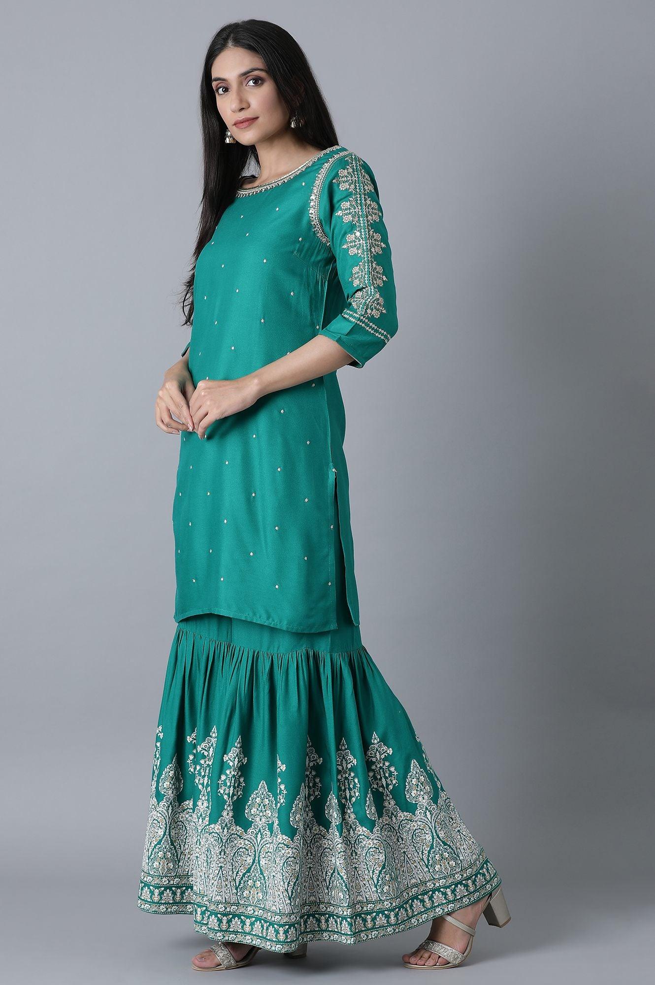 W for Woman Signature Green Embroidered kurta-Printed Sharara Set