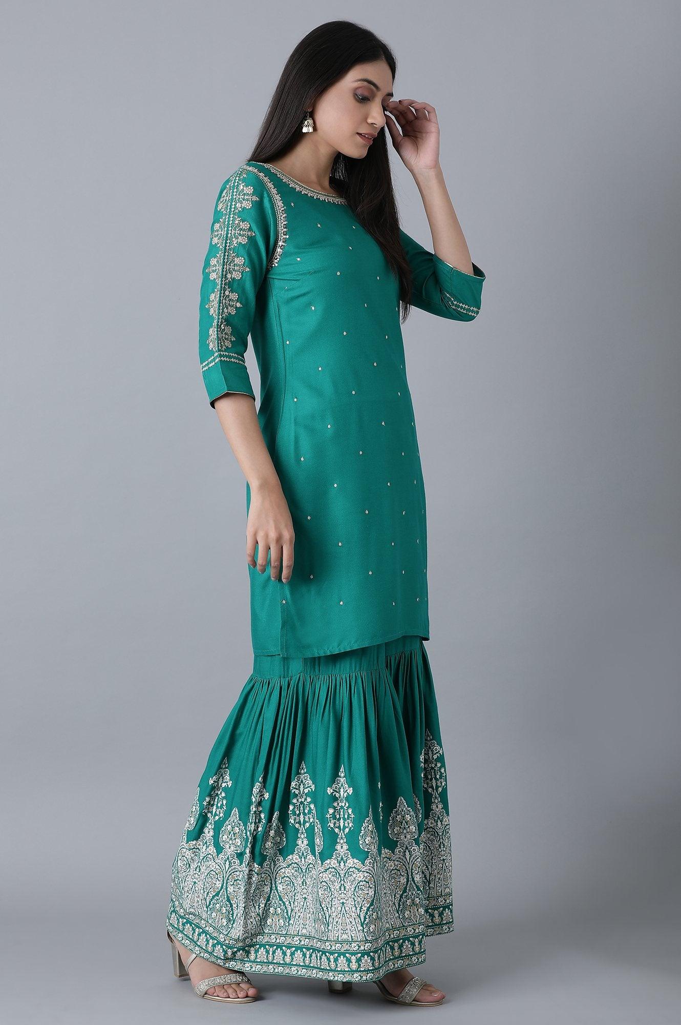 W for Woman Signature Green Embroidered kurta-Printed Sharara Set