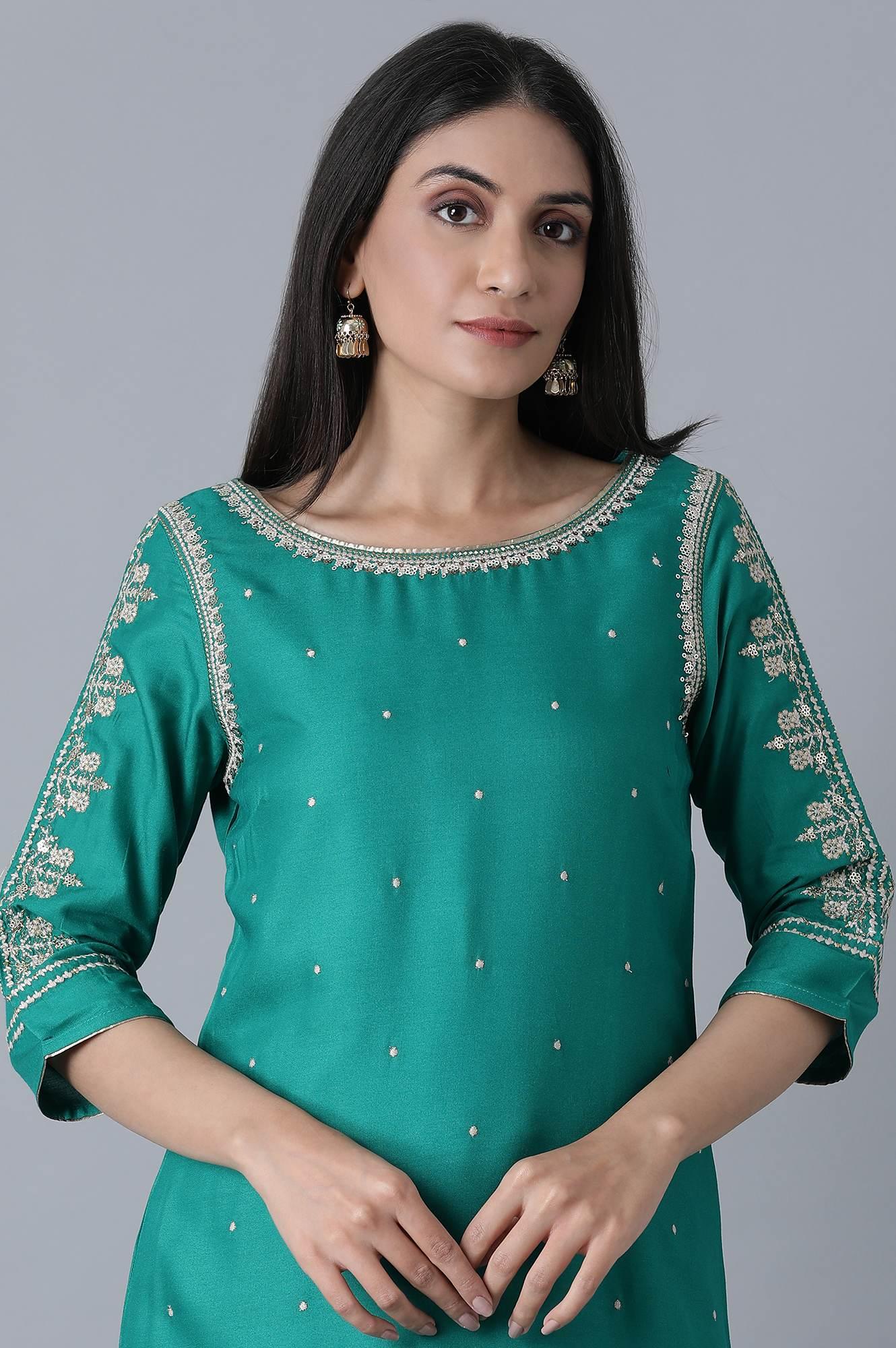 W for Woman Signature Green Embroidered kurta-Printed Sharara Set