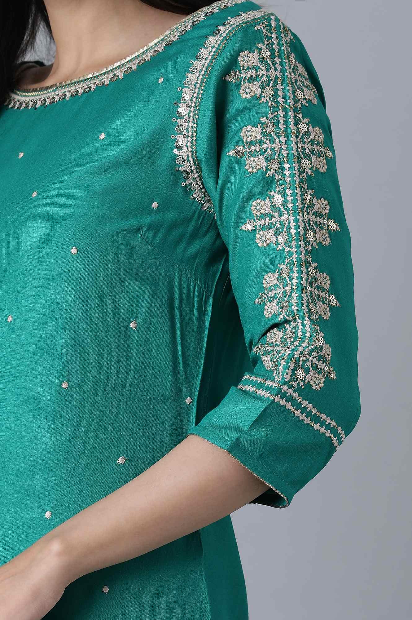 W for Woman Signature Green Embroidered kurta-Printed Sharara Set