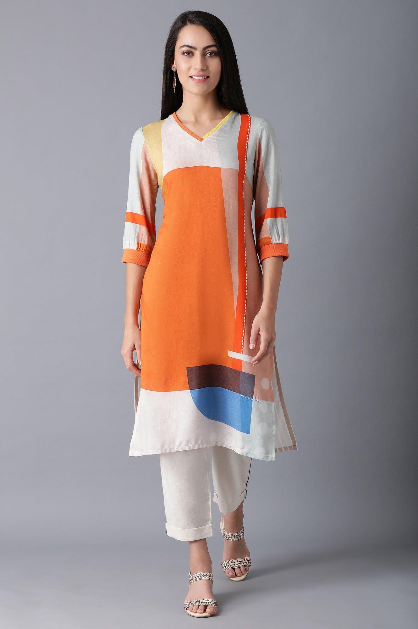 W for Woman Orange V-Neck Printed kurta