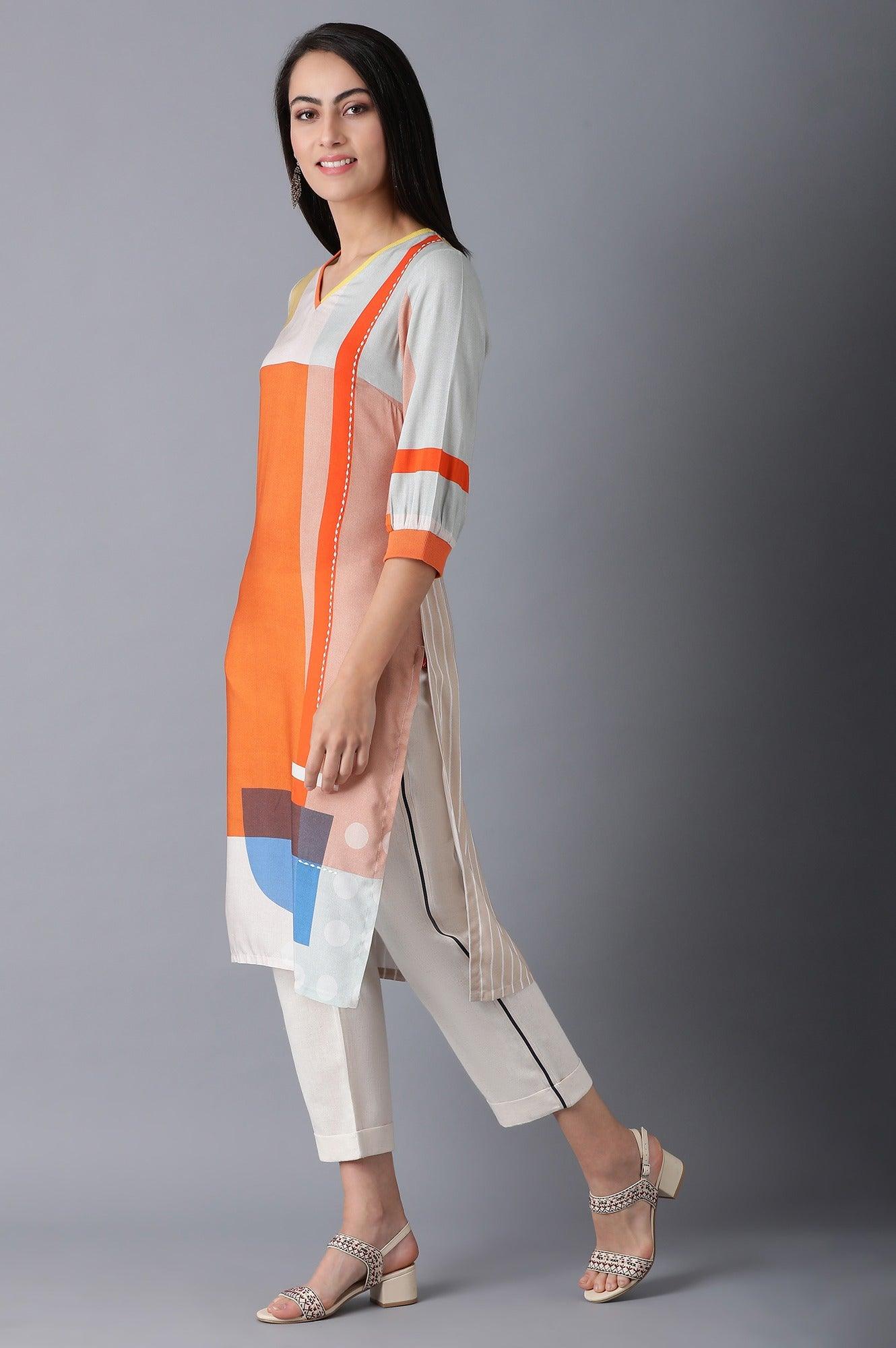 W for Woman Orange V-Neck Printed kurta