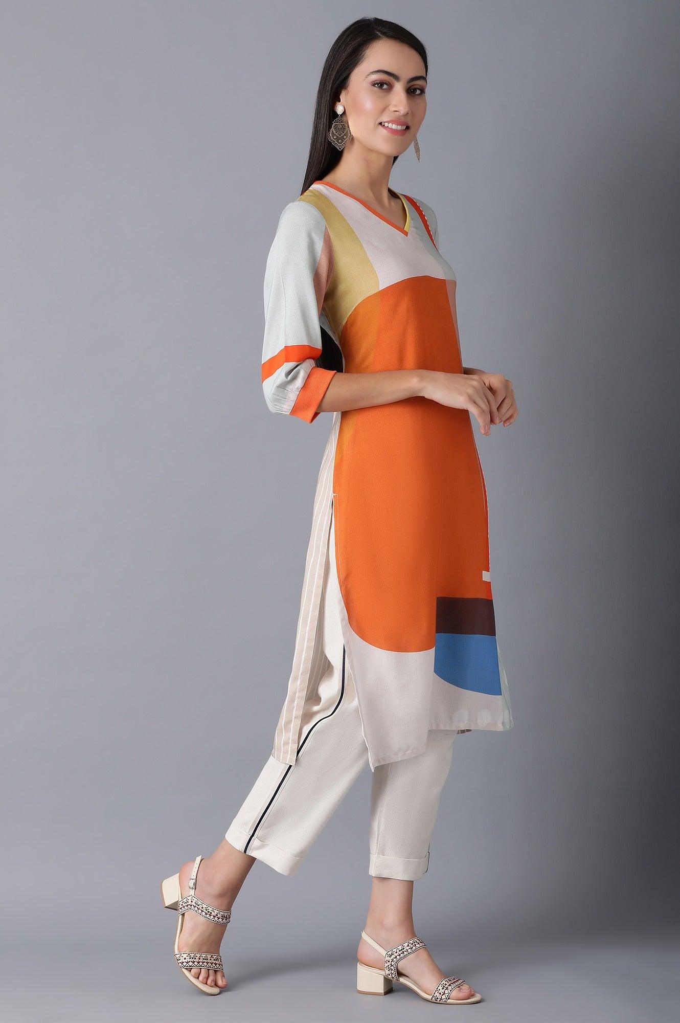 W for Woman Orange V-Neck Printed kurta