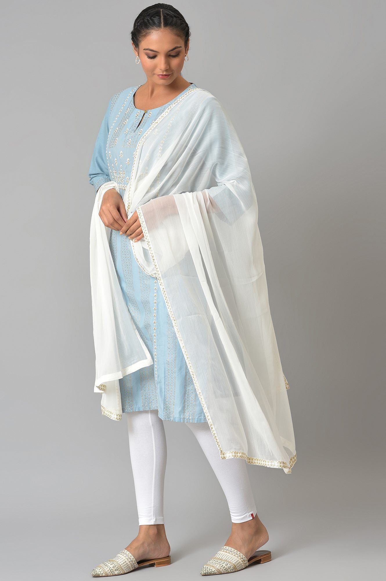 W for Woman Blue Printed Straight kurta