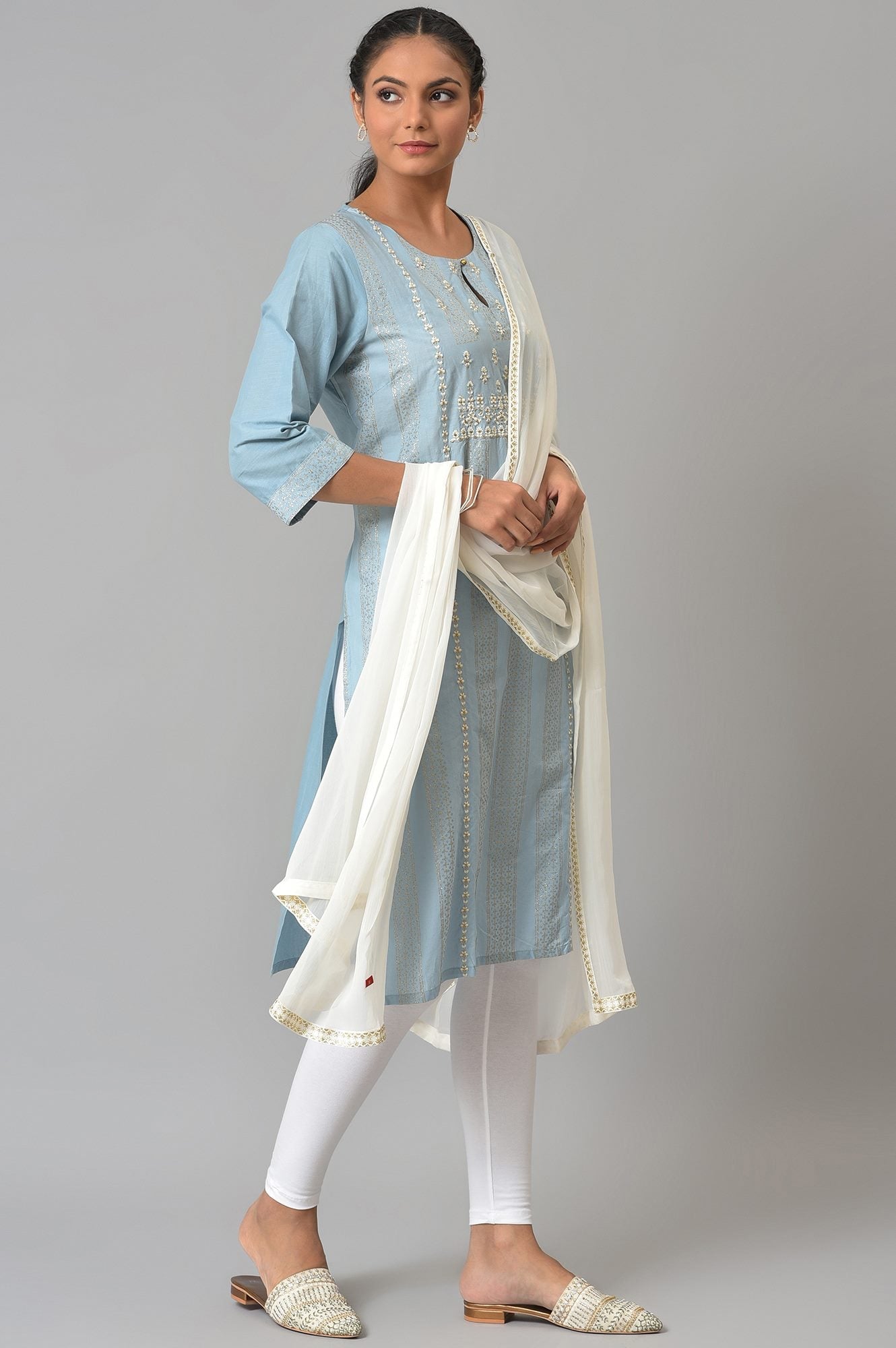 W for Woman Blue Printed Straight kurta
