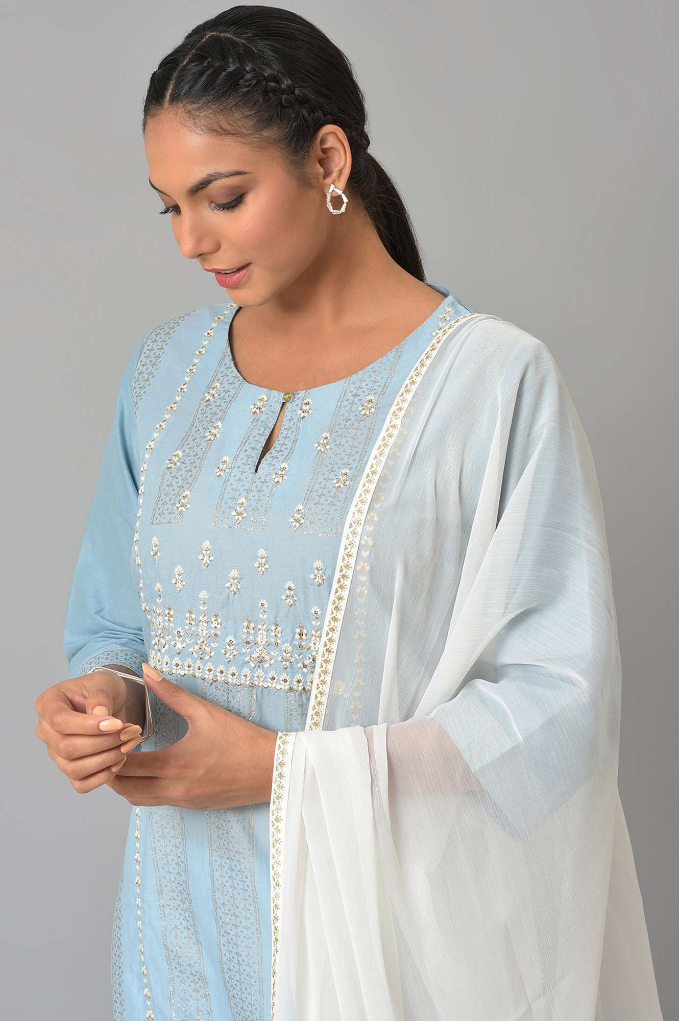 W for Woman Blue Printed Straight kurta