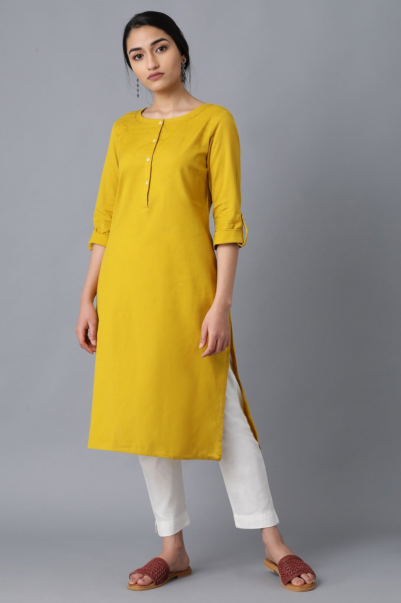 W for Woman Yellow Round Neck Solid kurta
