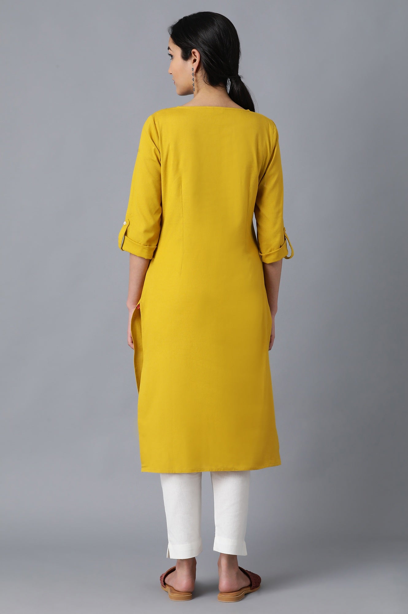 W for Woman Yellow Round Neck Solid kurta