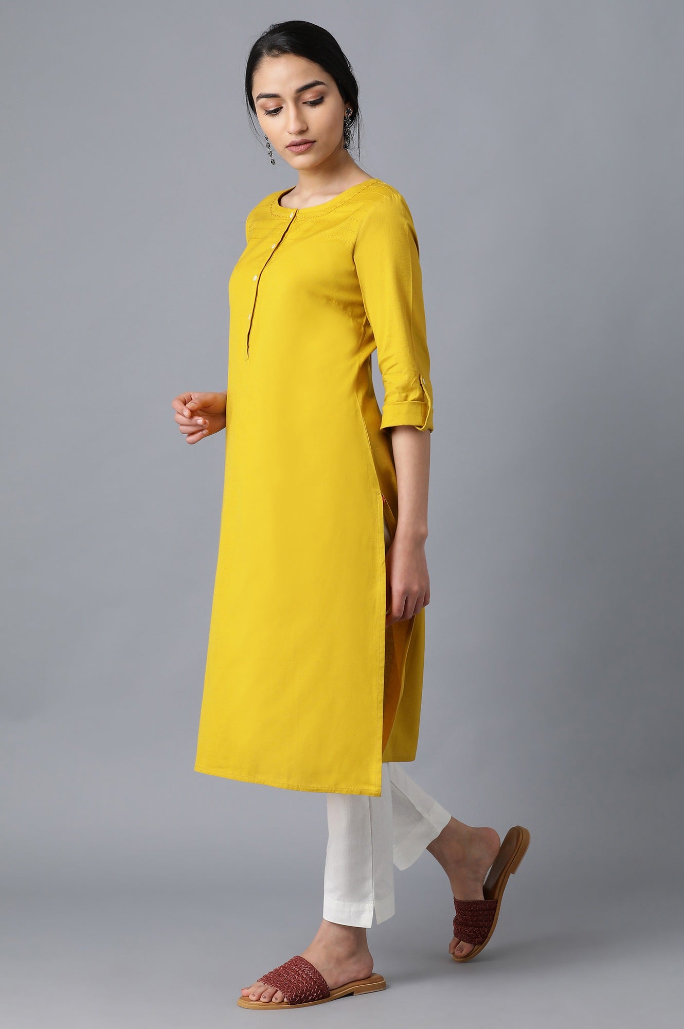 W for Woman Yellow Round Neck Solid kurta