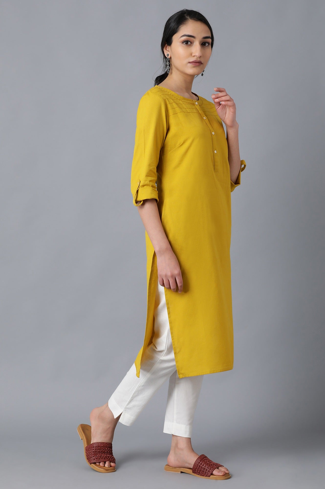 W for Woman Yellow Round Neck Solid kurta
