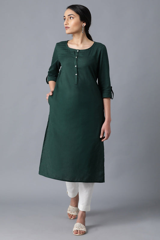 W for Woman Green Round Neck Solid kurta