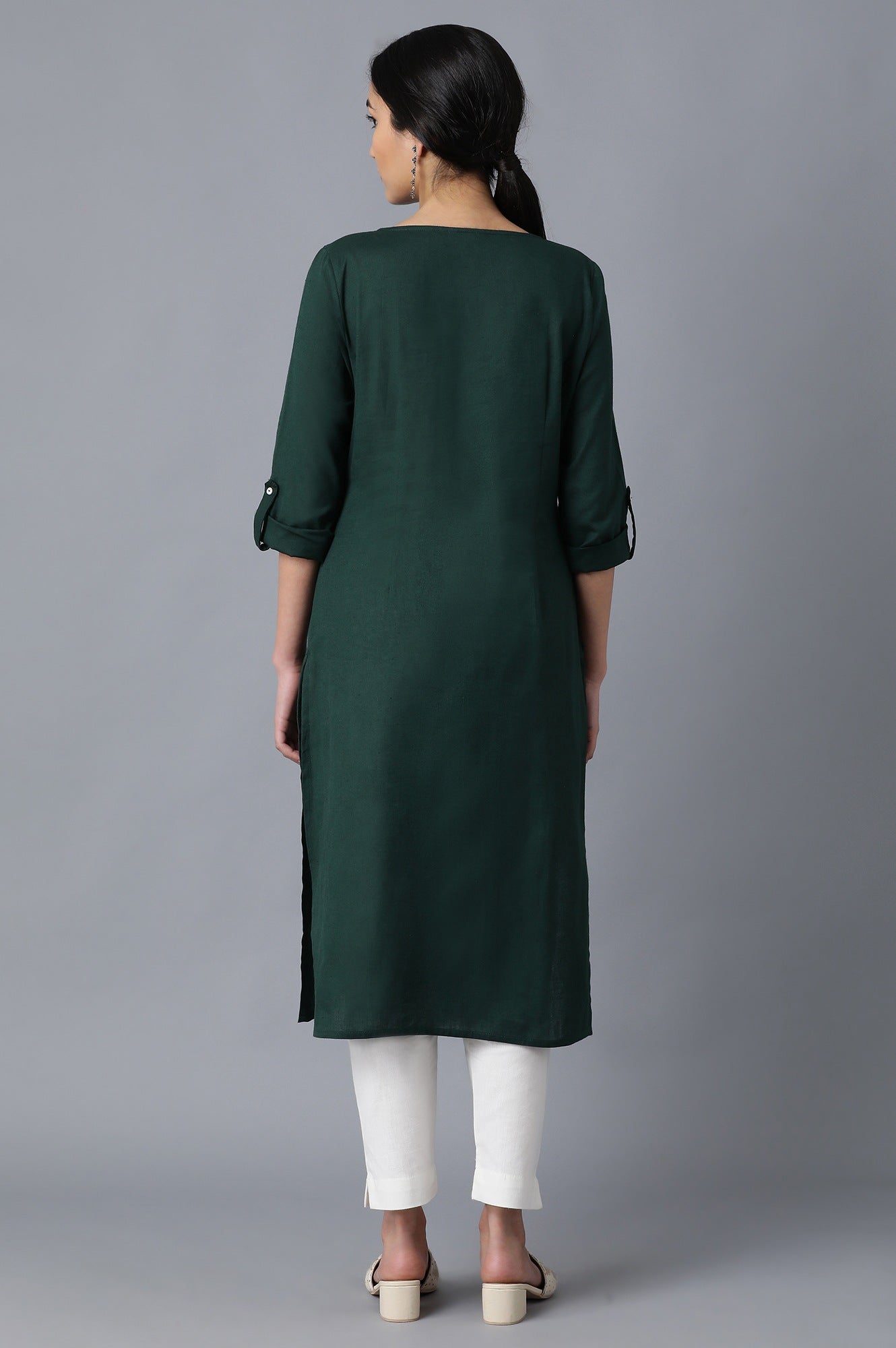W for Woman Green Round Neck Solid kurta