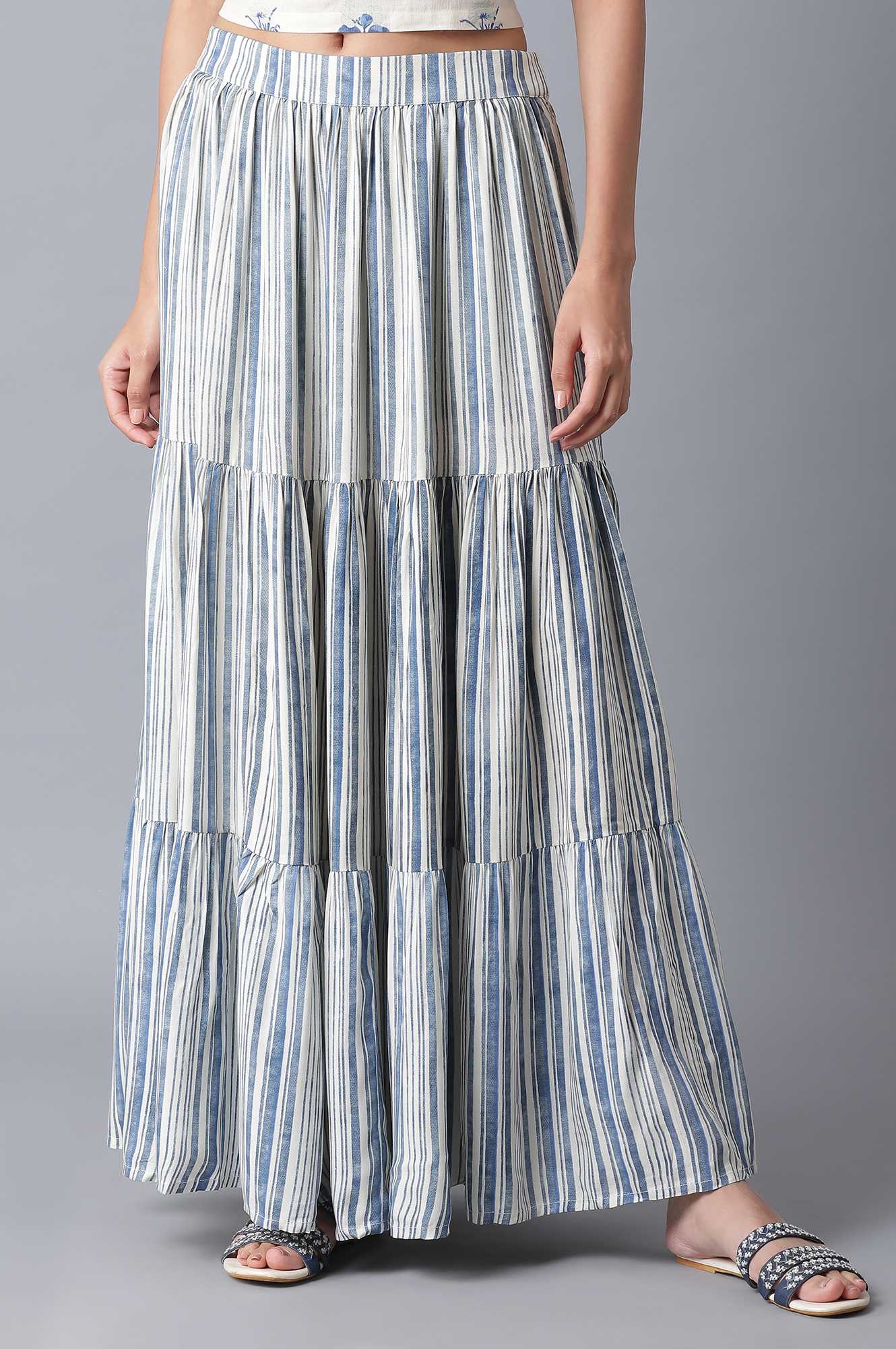 W for Woman Ecru and Blue Stripe Print Tiered Skirt