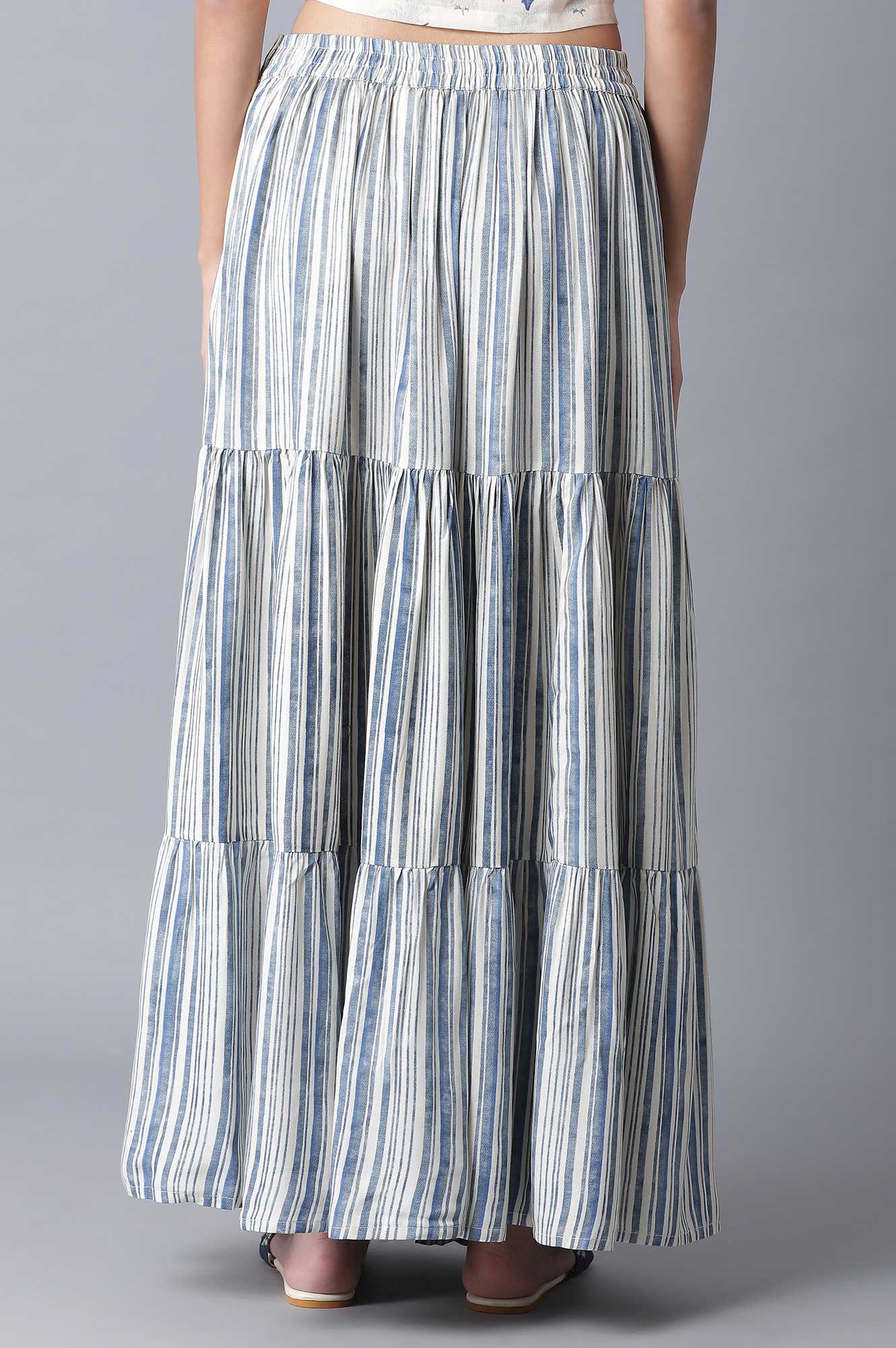W for Woman Ecru and Blue Stripe Print Tiered Skirt