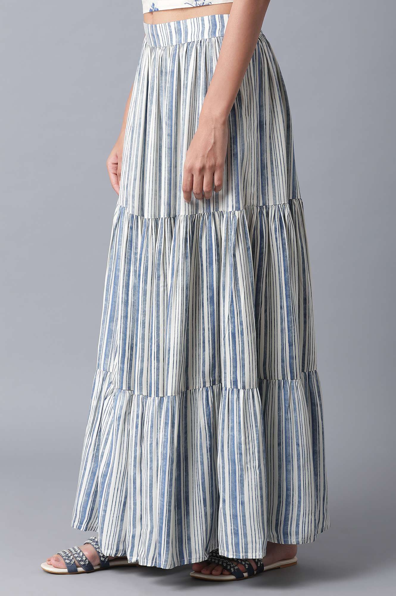 W for Woman Ecru and Blue Stripe Print Tiered Skirt