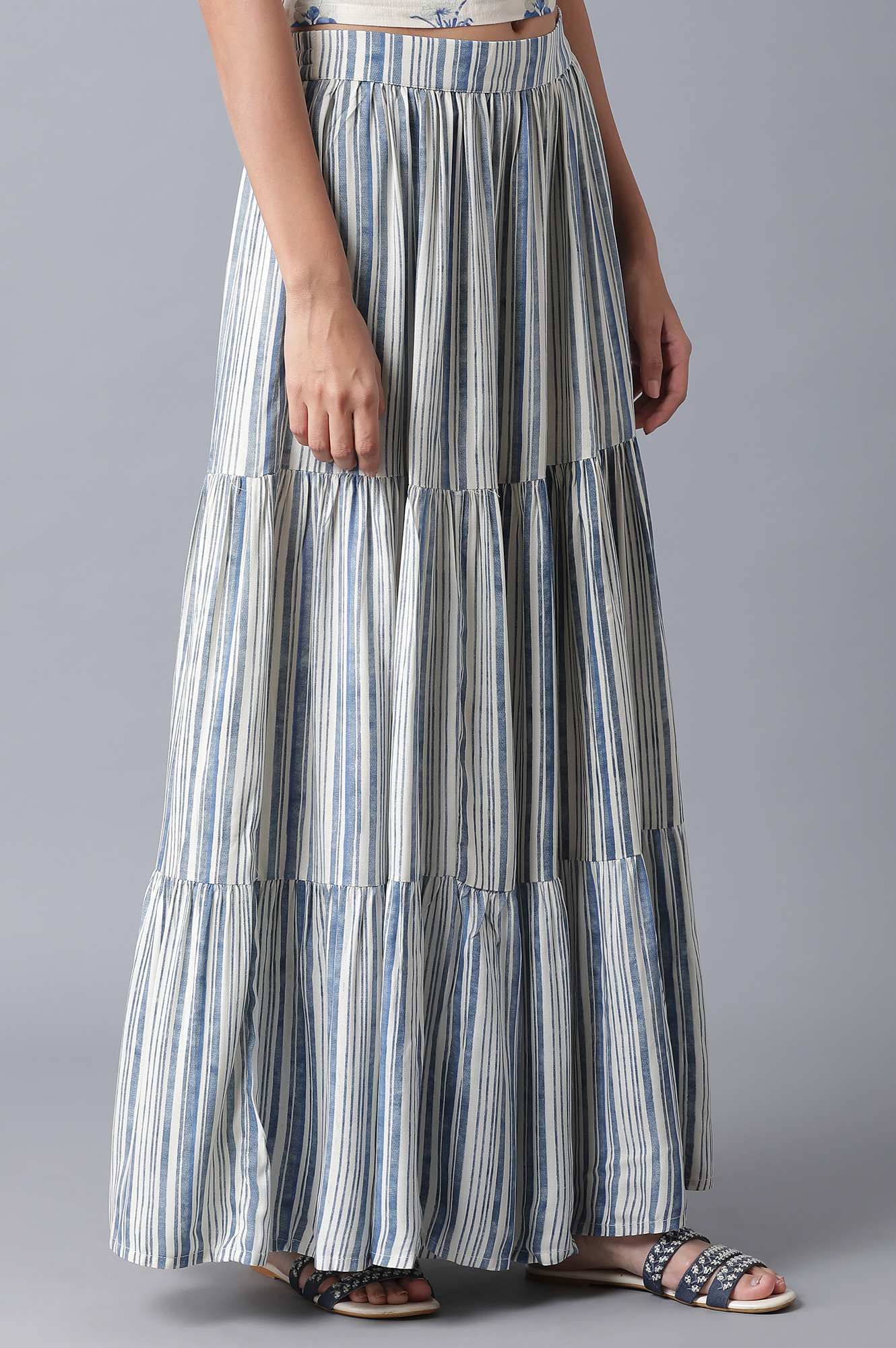 W for Woman Ecru and Blue Stripe Print Tiered Skirt