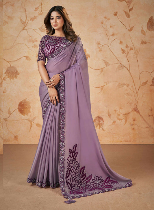 Purple Crepe Satin Silk Sequence & Cord Embroidered with Stone Work Saree - Mohmanthan Dakshika