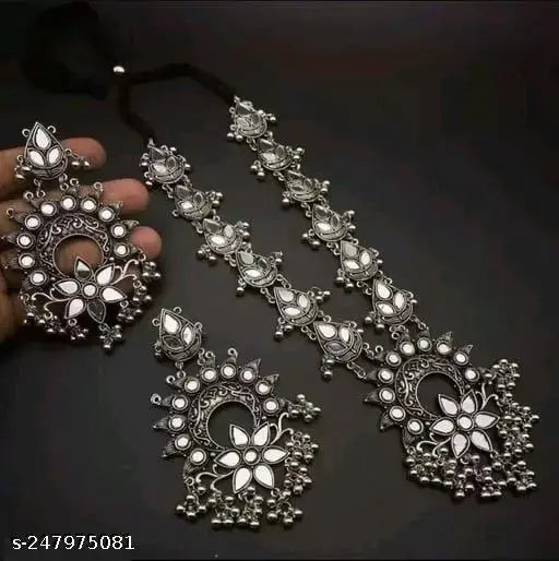 Tehzeeb Creations Women's Silver Colour Oxidised Necklace And Earrings With White Kundan Tehzeeb Creations